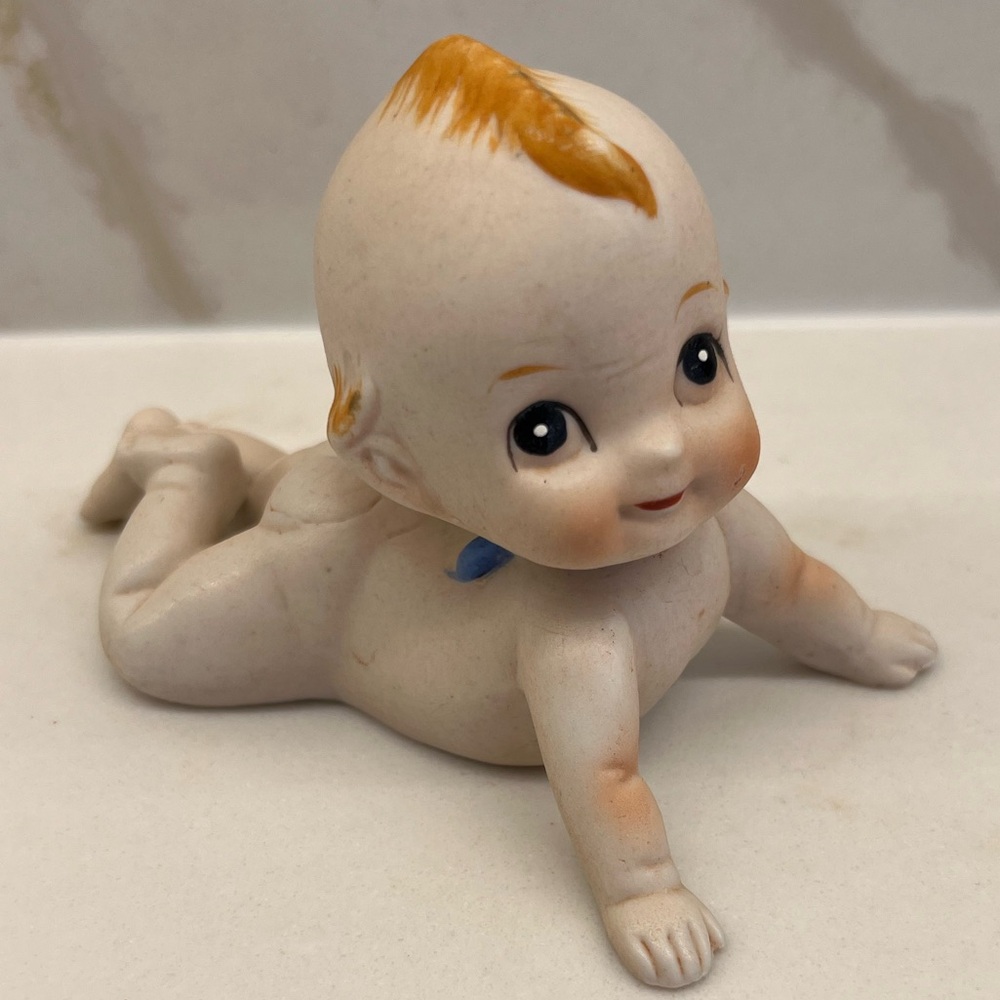 Rare Vintage Piano Baby Boy Kewpie Figurine with Blue Ribbon Nursery Decor 1950s